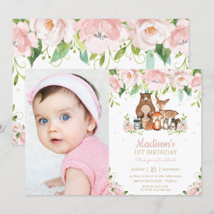 Woodland Animals Pink Floral 1st Birthday Photo Invitation
