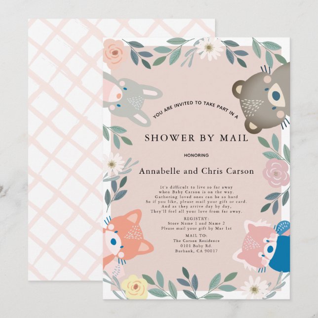 Woodland Animals Pink Floral Baby Shower by Mail Invitation (Front/Back)