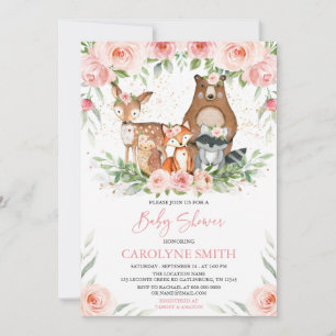 Woodland Animals Pink Floral Baby Shower Invitation