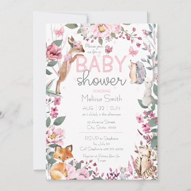 Woodland Animals Pink Floral Baby Shower Invitation (Front)