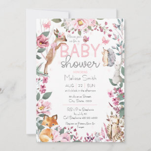 Woodland Animals Pink Floral Baby Shower Invitation