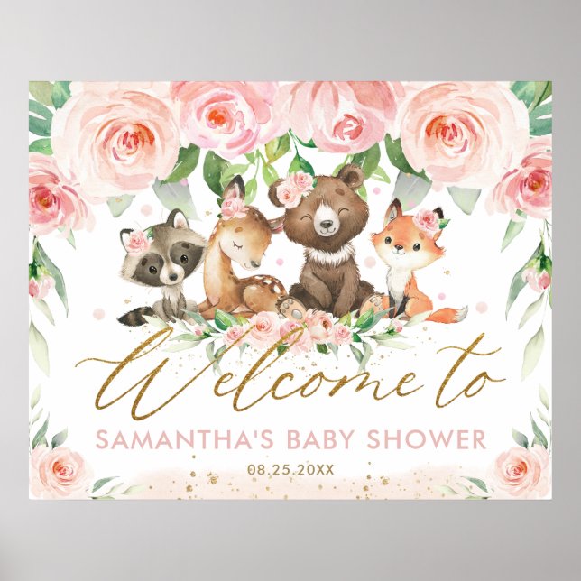 Woodland Animals Pink Floral Baby Shower Welcome  Poster (Front)
