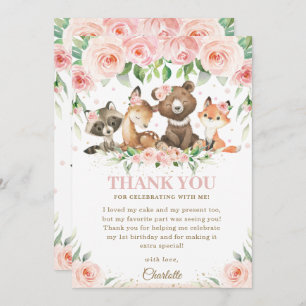 Woodland Animals Pink Floral Birthday Baby Shower  Thank You Card