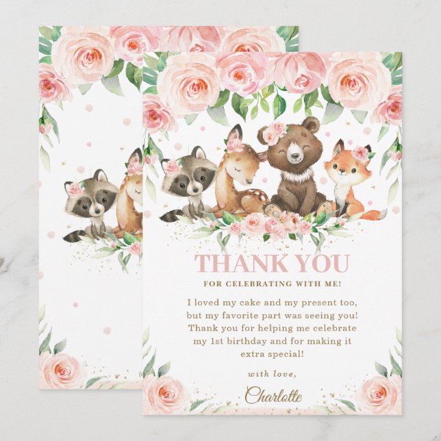 Woodland Animals Pink Floral Birthday Baby Shower  Thank You Card (Front/Back)