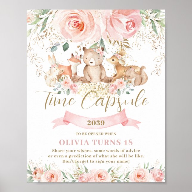 Woodland Animals Pink Floral Birthday Time Capsule Poster (Front)