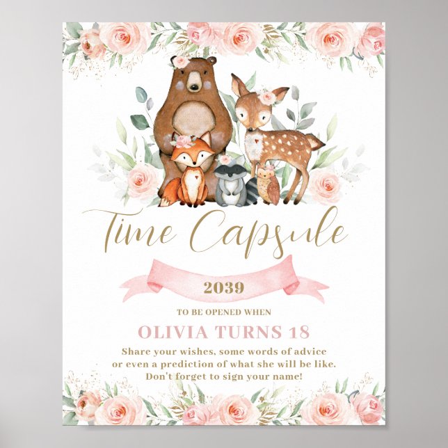 Woodland Animals Pink Floral Birthday Time Capsule Poster (Front)