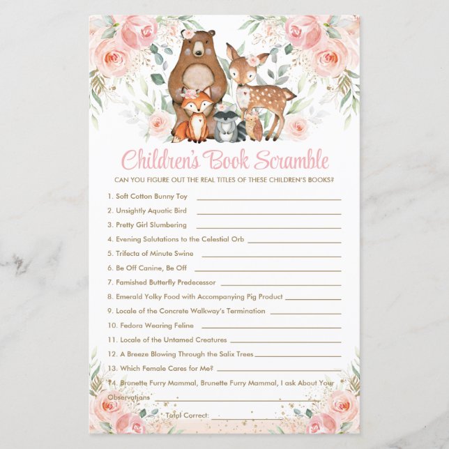Woodland Animals Pink Floral Children's Book Game (Front)