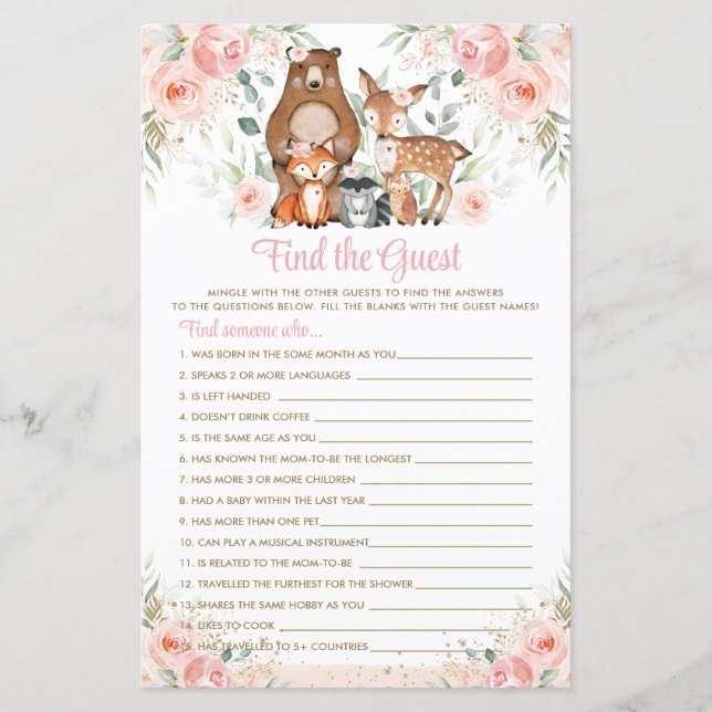 Woodland Animals Pink Floral Find the Guest Game (Front)