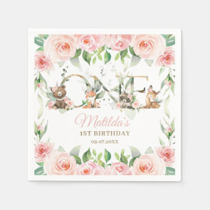 Woodland Animals Pink Floral Girl 1st Birthday  Napkin