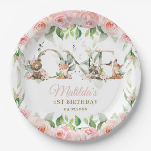 Woodland Animals Pink Floral Girl 1st Birthday Paper Plate