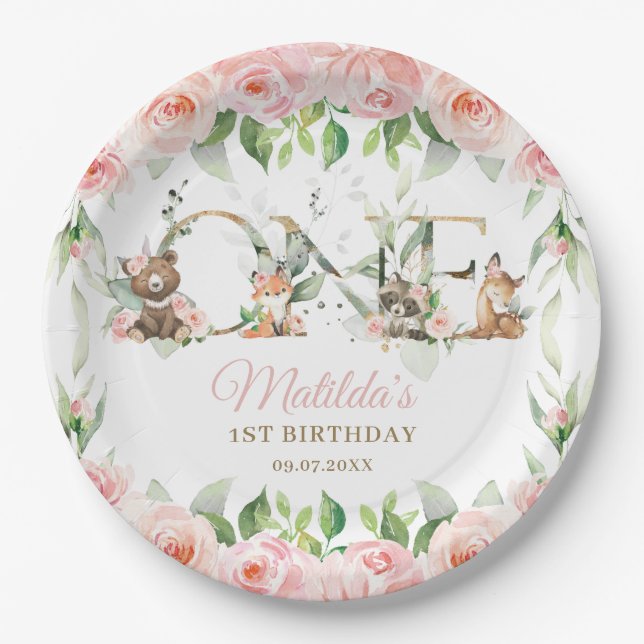 Woodland Animals Pink Floral Girl 1st Birthday  Paper Plate (Front)