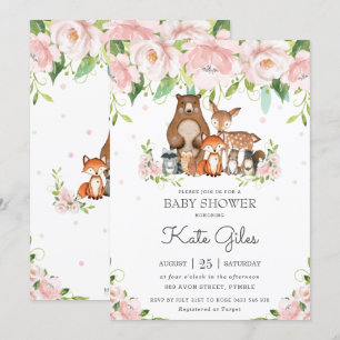 Woodland Animals Pink Floral Girl Baby Shower Invitation