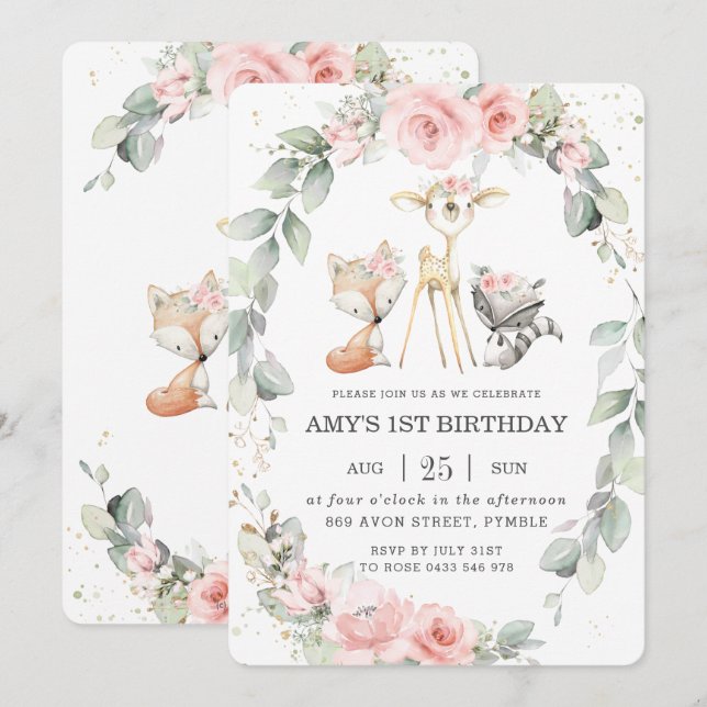 Woodland Animals Pink Floral Greenery Birthday Invitation (Front/Back)