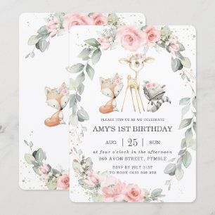 Woodland Animals Pink Floral Greenery Birthday Invitation