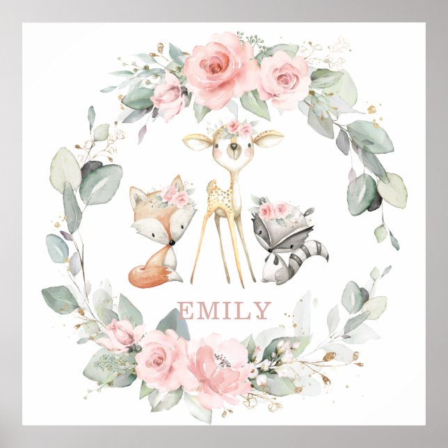 Woodland Animals Pink Floral Greenery Wall Art (Front)