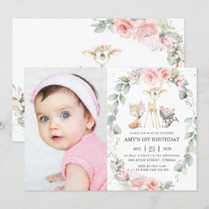Woodland Animals Pink Floral Wreath Birthday Photo Invitation