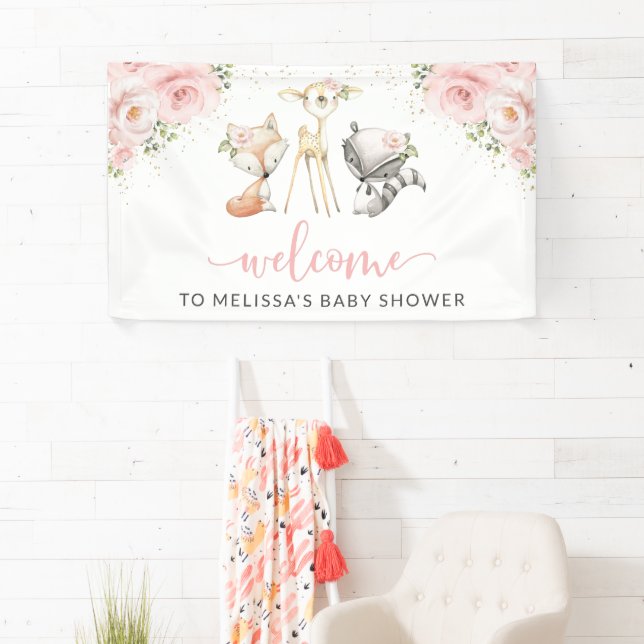 Woodland Animals, Pink Flowers, Baby Shower Banner (Insitu)