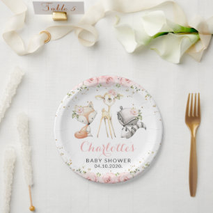 Woodland Animals, Pink Flowers, Baby Shower Paper Plate