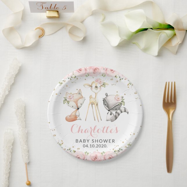 Woodland Animals, Pink Flowers, Baby Shower Paper Plate (Wedding)