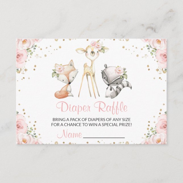 Woodland Animals, Pink Flowers, Diaper Raffle Enclosure Card (Front)