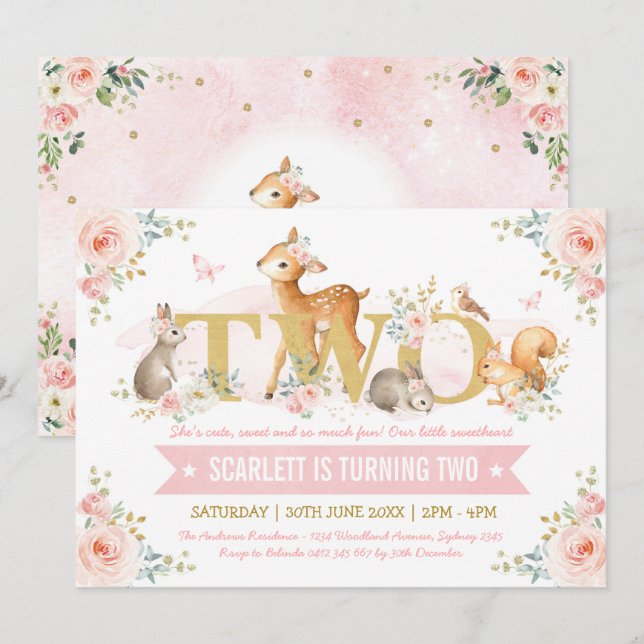 Woodland Animals Pink Gold Floral 2nd Birthday Invitation (Front/Back)