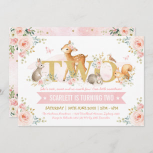 Woodland Animals Pink Gold Floral 2nd Birthday Invitation