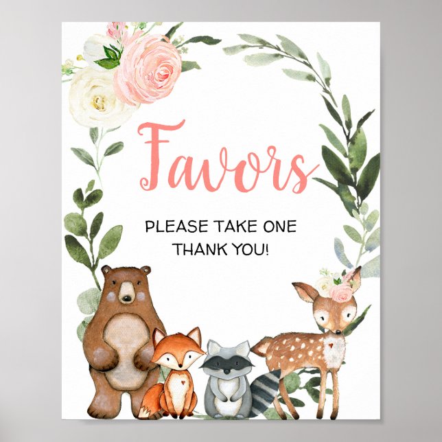 Woodland animals pink greenery girl baby shower poster (Front)