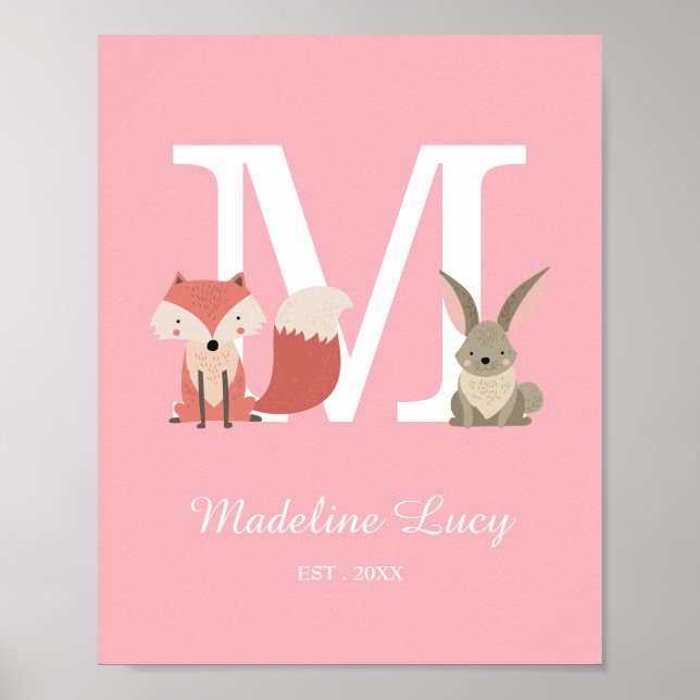 Woodland Animals Pink Initial Monogram Nursery Poster (Front)