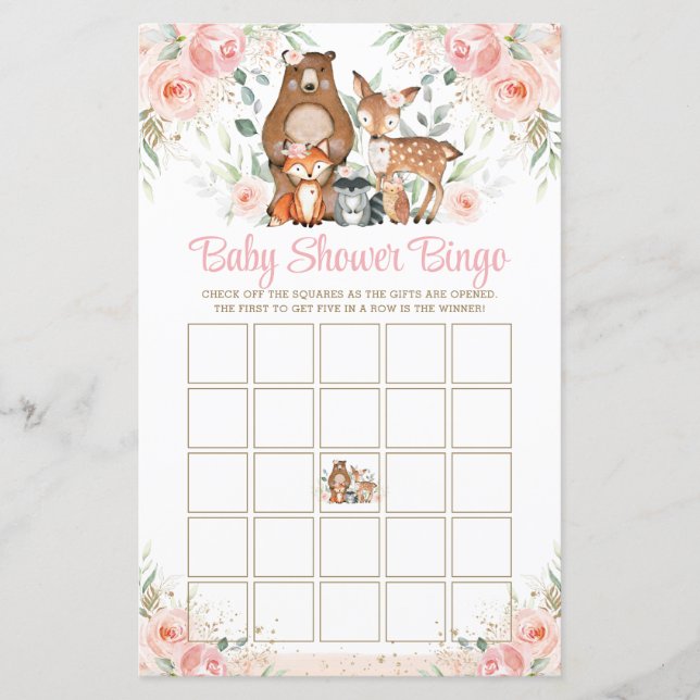 Woodland Animals Pink Roses Baby Shower Bingo Game (Front)