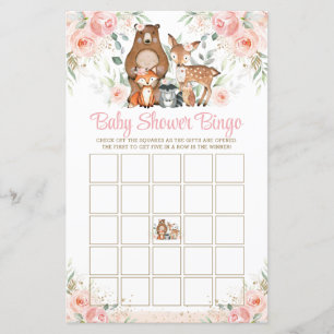 Woodland Animals Pink Roses Baby Shower Bingo Game