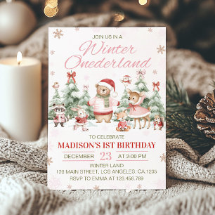 Woodland Animals Pink Winter Onederland Birthday Invitation