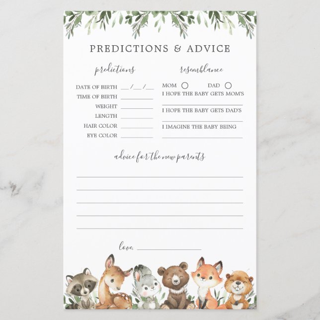 Woodland Animals Predictions and Advice Card (Front)