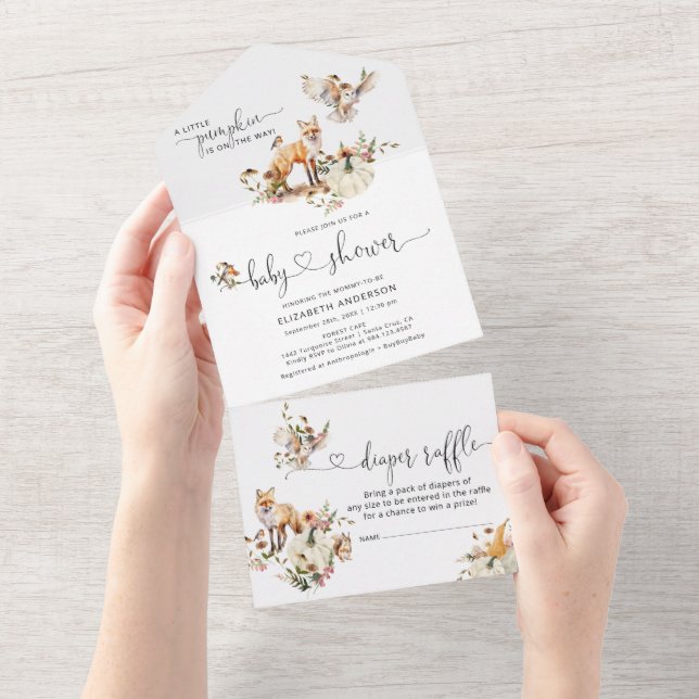 Woodland Animals Pumpkin Fall Floral Baby Shower All In One Invitation (Tearaway)
