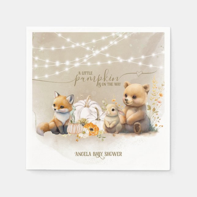 Woodland Animals Pumpkin Fall Floral Baby Shower Napkin (Front)