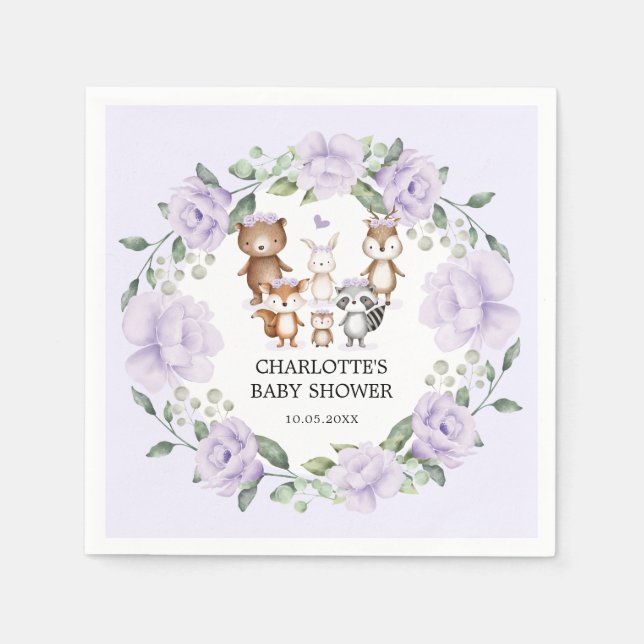 Woodland Animals Purple Floral Wreath Baby Girl Napkin (Front)