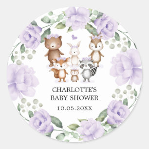 Woodland Animals Purple Flower Wreath Baby Girl Classic Round Sticker