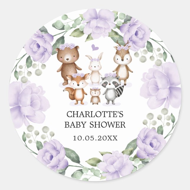 Woodland Animals Purple Flower Wreath Baby Girl Classic Round Sticker (Front)