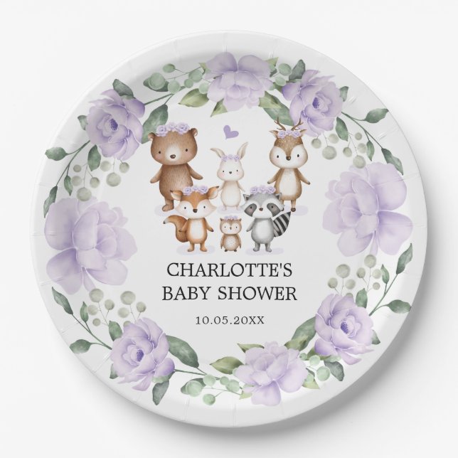 Woodland Animals Purple Flower Wreath Baby Girl Paper Plate (Front)