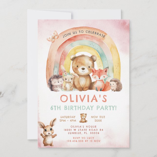 Woodland Animals Rainbow Floral Birthday  Invitation (Front)