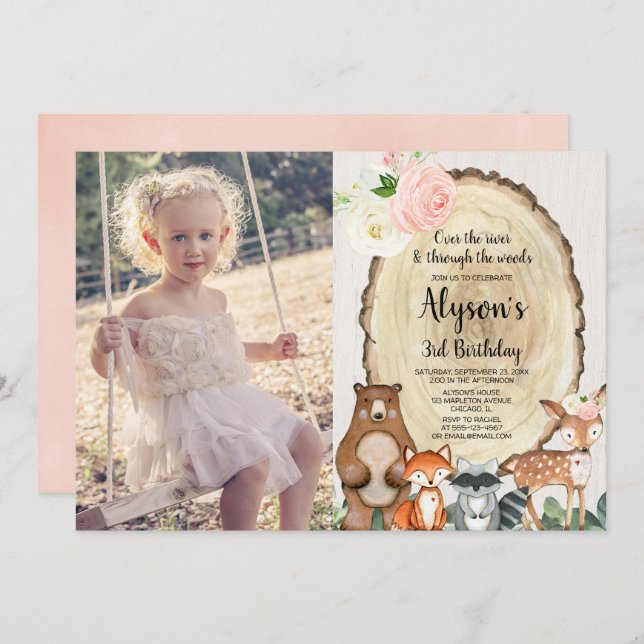 Woodland animals rustic floral girl birthday photo invitation (Front/Back)