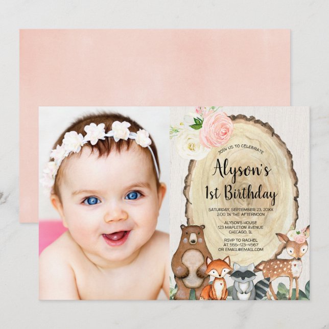 Woodland animals rustic floral pink greenery girl invitation (Front/Back)