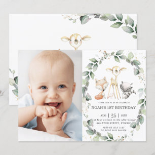 Woodland Animals Rustic Greenery Birthday Photo Invitation