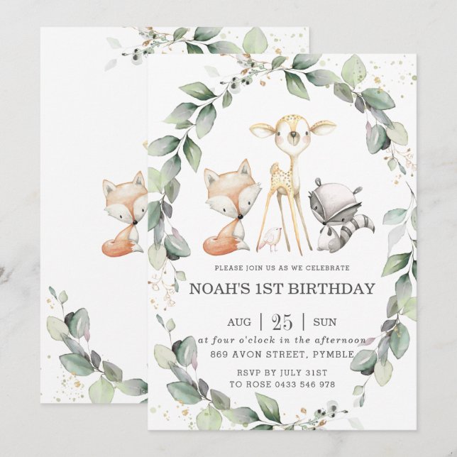 Woodland Animals Rustic Greenery Leafy Birthday Invitation (Front/Back)