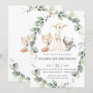 Woodland Animals Rustic Greenery Leafy Birthday Invitation