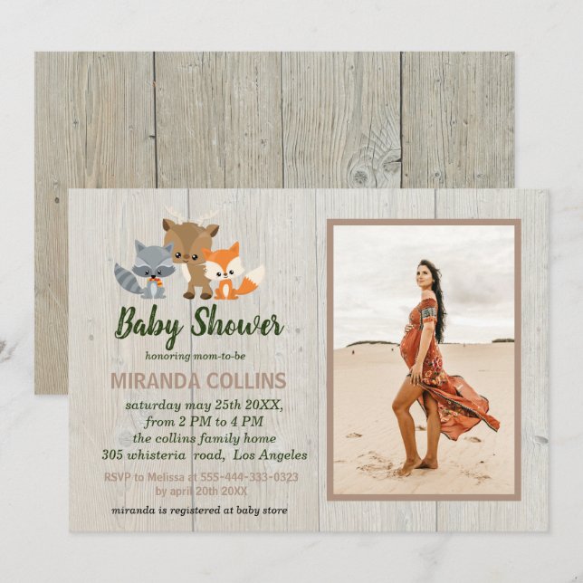 Woodland Animals Rustic Photo Baby Shower Invitation (Front/Back)
