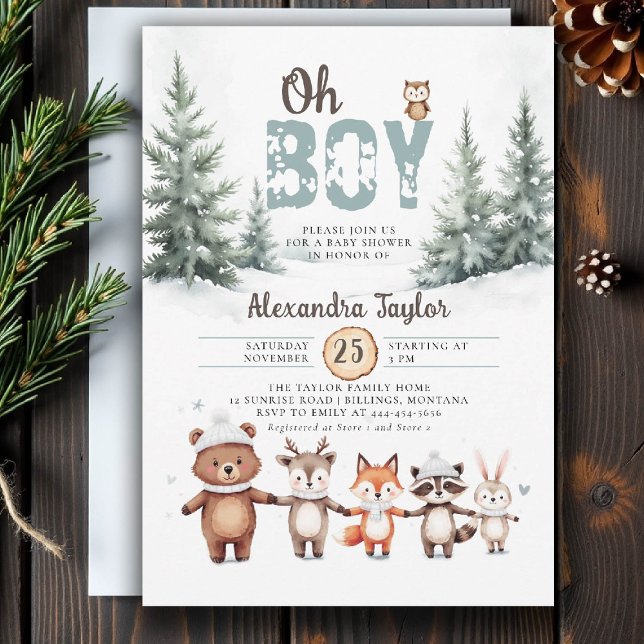Woodland Animals Rustic Winter Boy Baby Shower Invitation (winter baby shower invitation oh boy cute woodland animals watercolor snow rustic adventure)