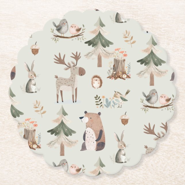 Woodland animals sage green rustic Baby Shower Paper Coaster (Front)