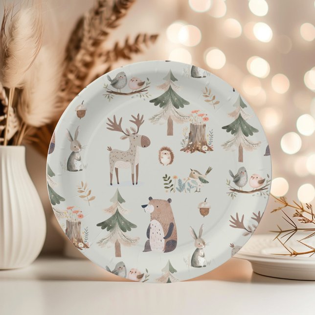 Woodland animals sage green rustic Baby Shower Paper Plate (Creator Uploaded)