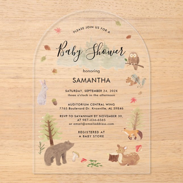 Woodland Animals Script Baby Shower Acrylic Invitations (Front)