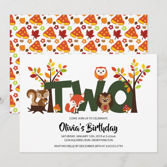 Woodland Animal's Second Birthday Party Invitation (Front/Back)